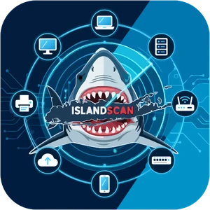 IslandScan logo: a shark at the center of a radar sweep, surrounded by network devices