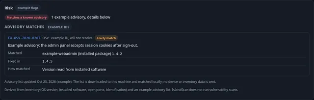 Risk panel for an example device labelled 'Matches a known advisory', with one example advisory marked 'Likely match', the matched package version, the fixed version, and a note that matching is done locally.