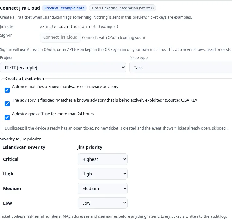 Jira Cloud settings with example data: an example Jira site, a project and issue type, rules to create a ticket when a device matches an advisory, is actively exploited or is offline for over 24 hours, and a severity-to-priority mapping.