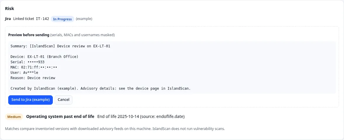 Preview of a Jira ticket for example device EX-LT-01 before sending, with the serial number, MAC address and username masked, and a linked example ticket IT-142 marked In Progress.