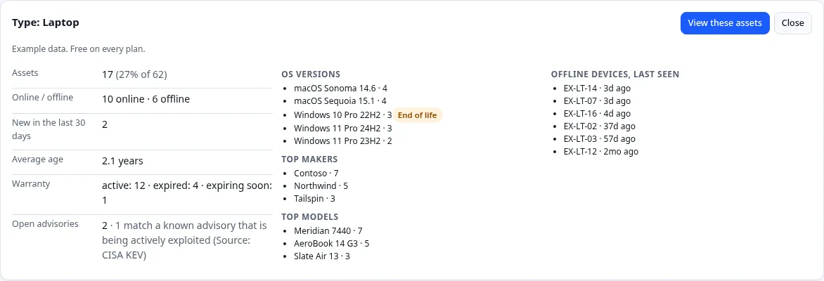 Stats panel for the example type Laptop: 17 assets, 10 online and 6 offline, average age 2.1 years, warranty counts, open advisories, top OS versions, makers and models, and recently offline devices.