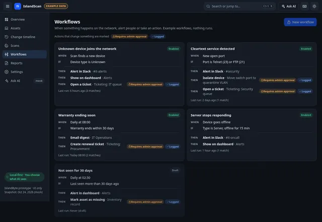 Workflows page with example rules such as alerting when an unknown device joins the network or a warranty is ending soon. Actions that change something are marked as requiring admin approval.